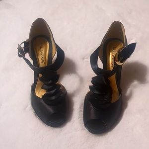 Black Ruffle T- strap heels